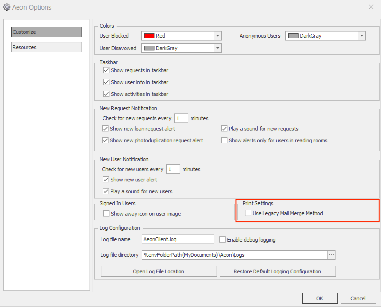 Aeon Options Print Settings